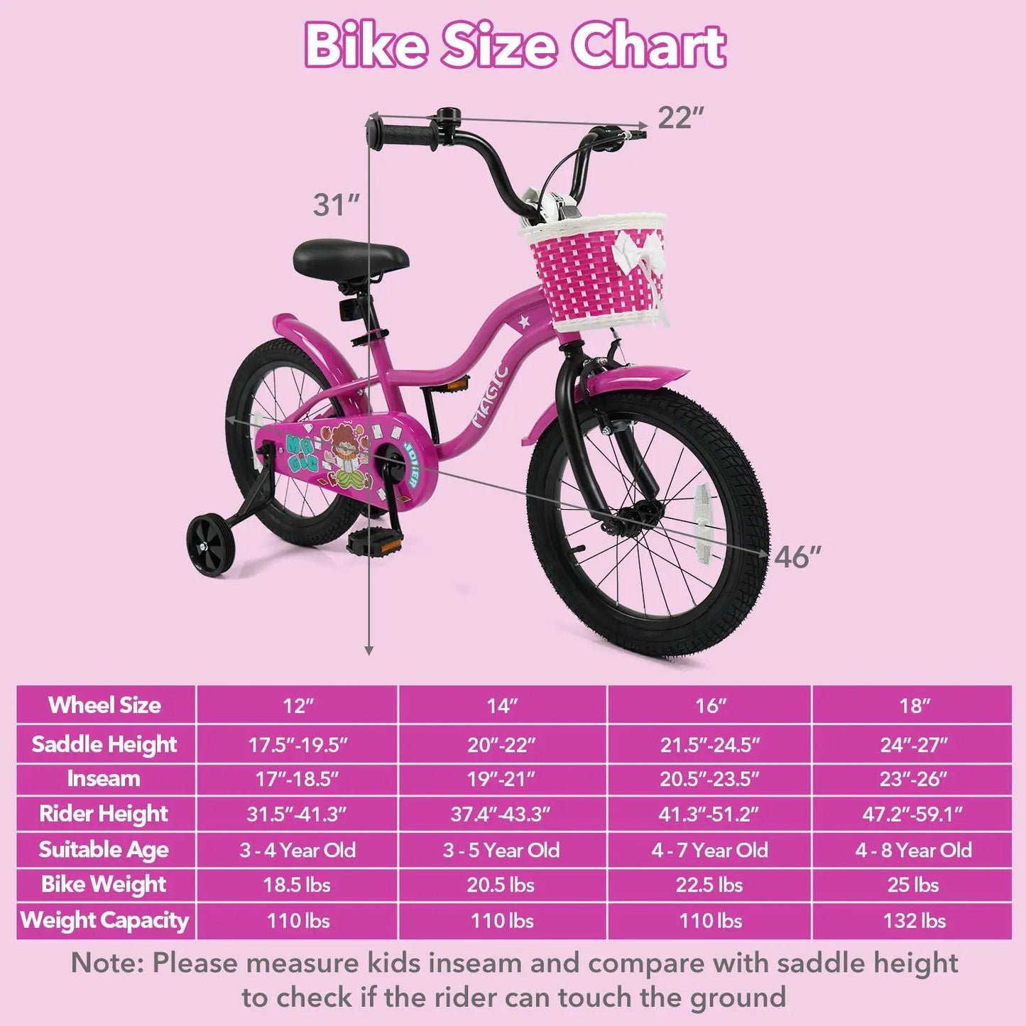 Kids Bike With Training Wheels 12 to 18 Inch Rose