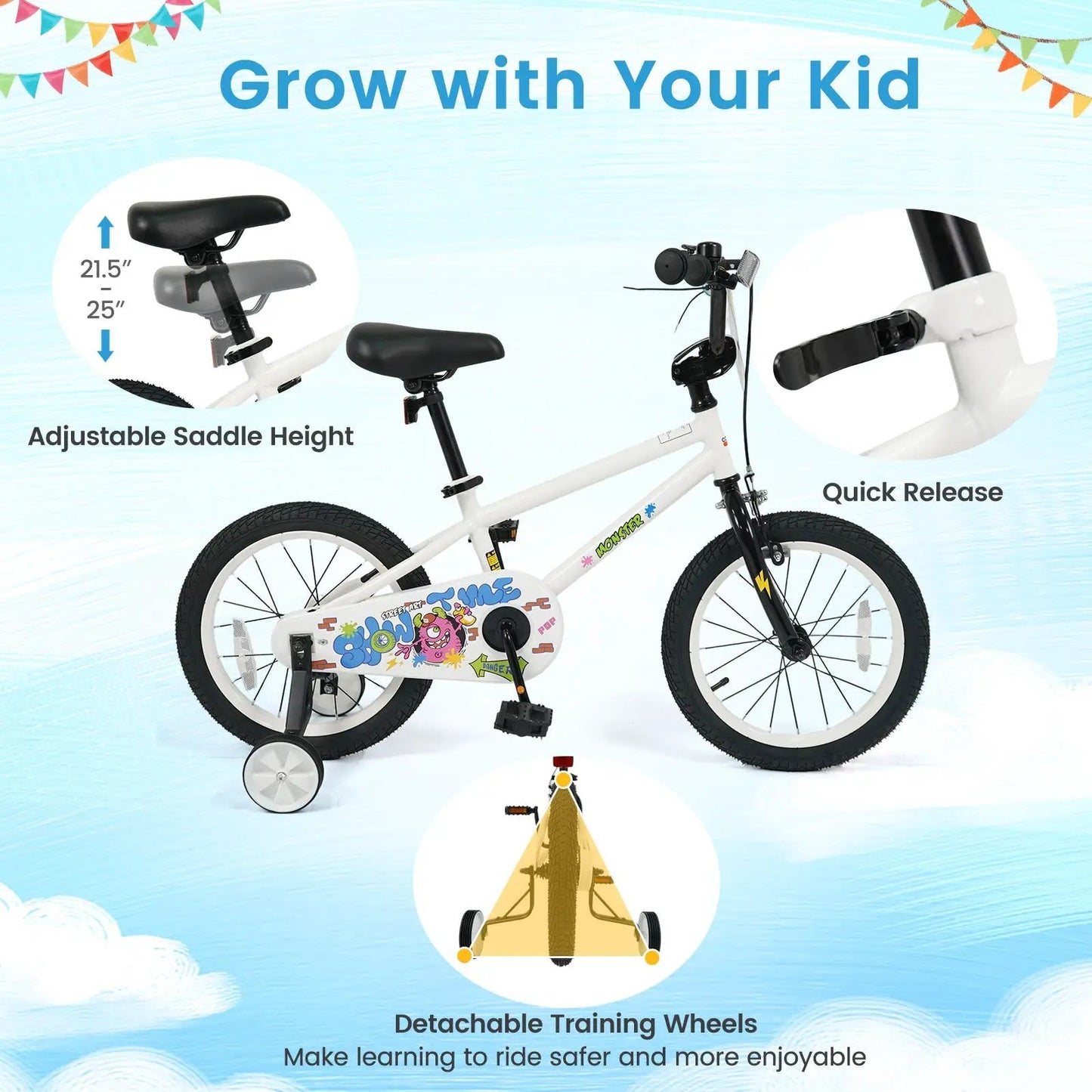 Kids Bike with Training Wheels 12 to 18 White