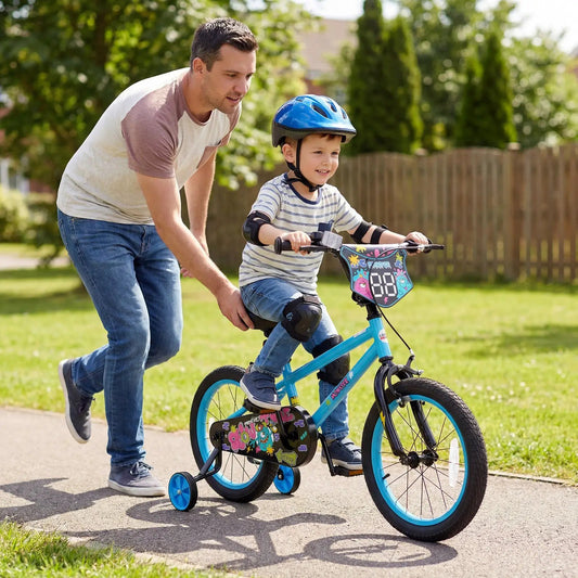 Kids bike 16 inch DirectDeals with training wheels, turquoise frame, helmeted kid with dad on Tampa Home & Garden Store