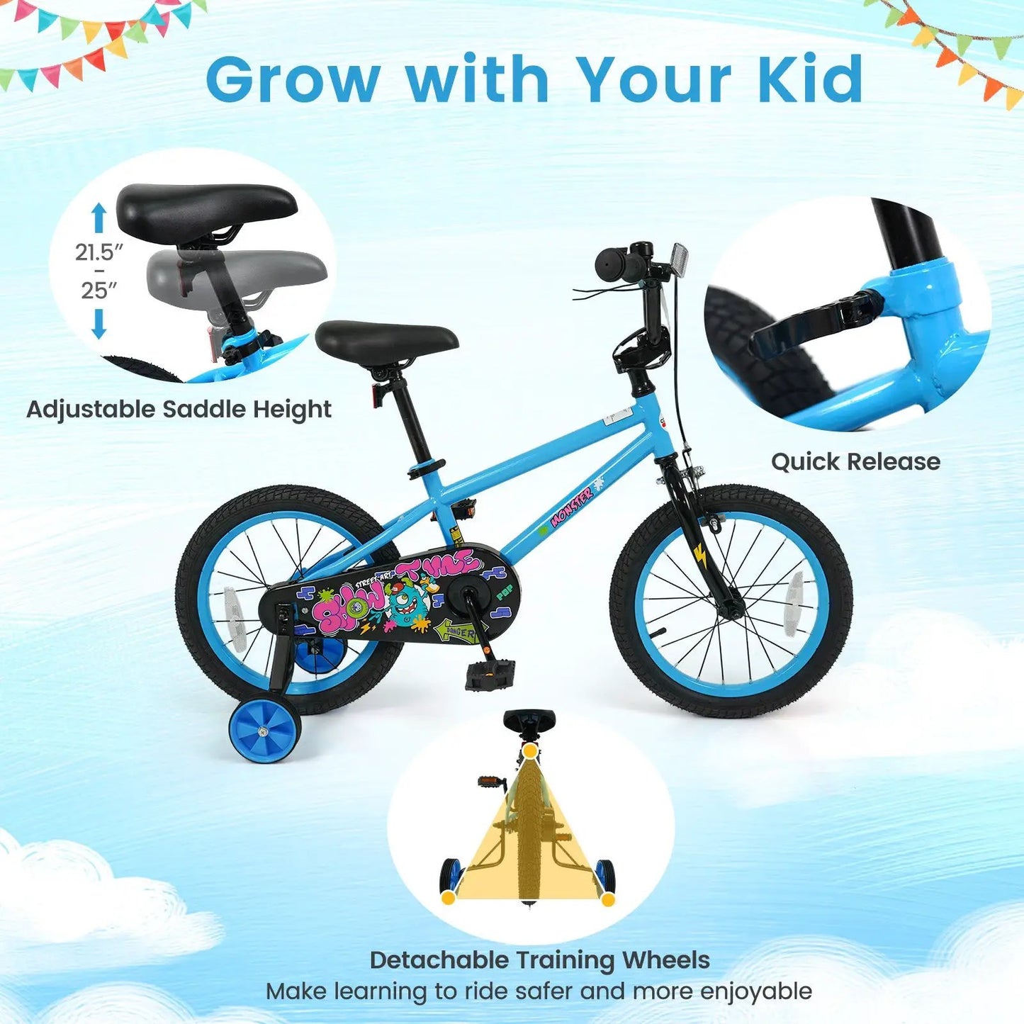 Kids Bike Sixteen Inch Training Wheels For Ages 4