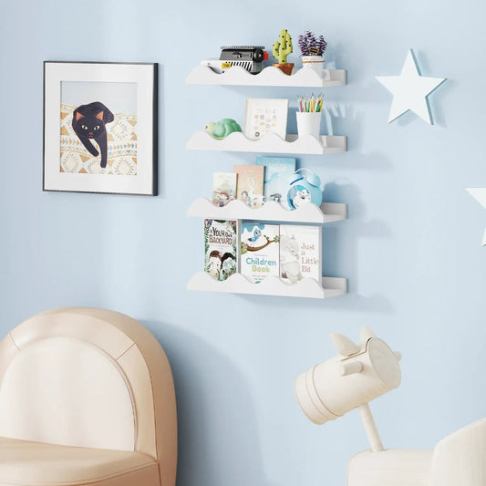 Floating Nursery Book Shelves set of 4 in white fir wood with wave edges on wall DirectDeals on Tampa Home & Garden Store