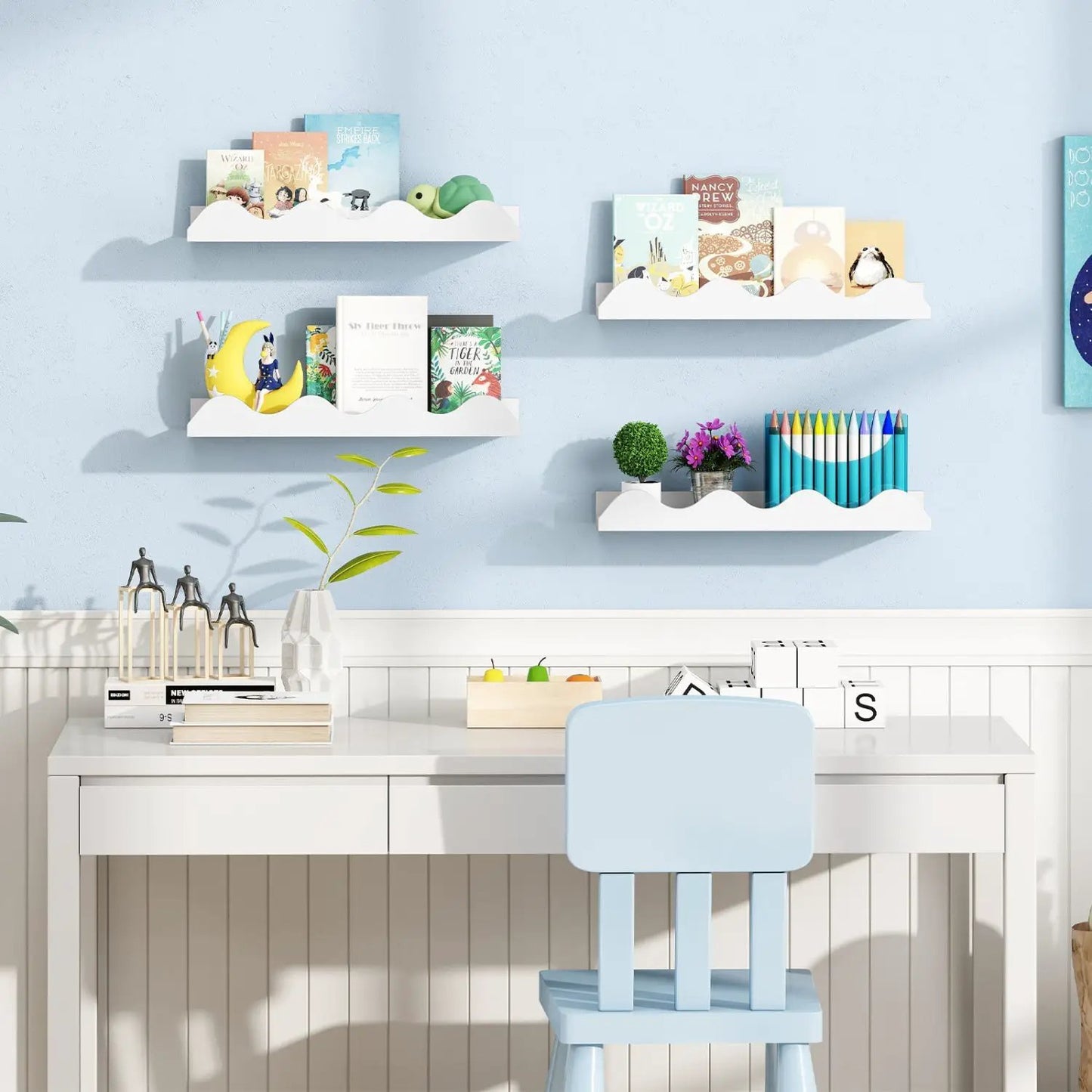 Floating Nursery Book Shelves Set of 4 White Fir