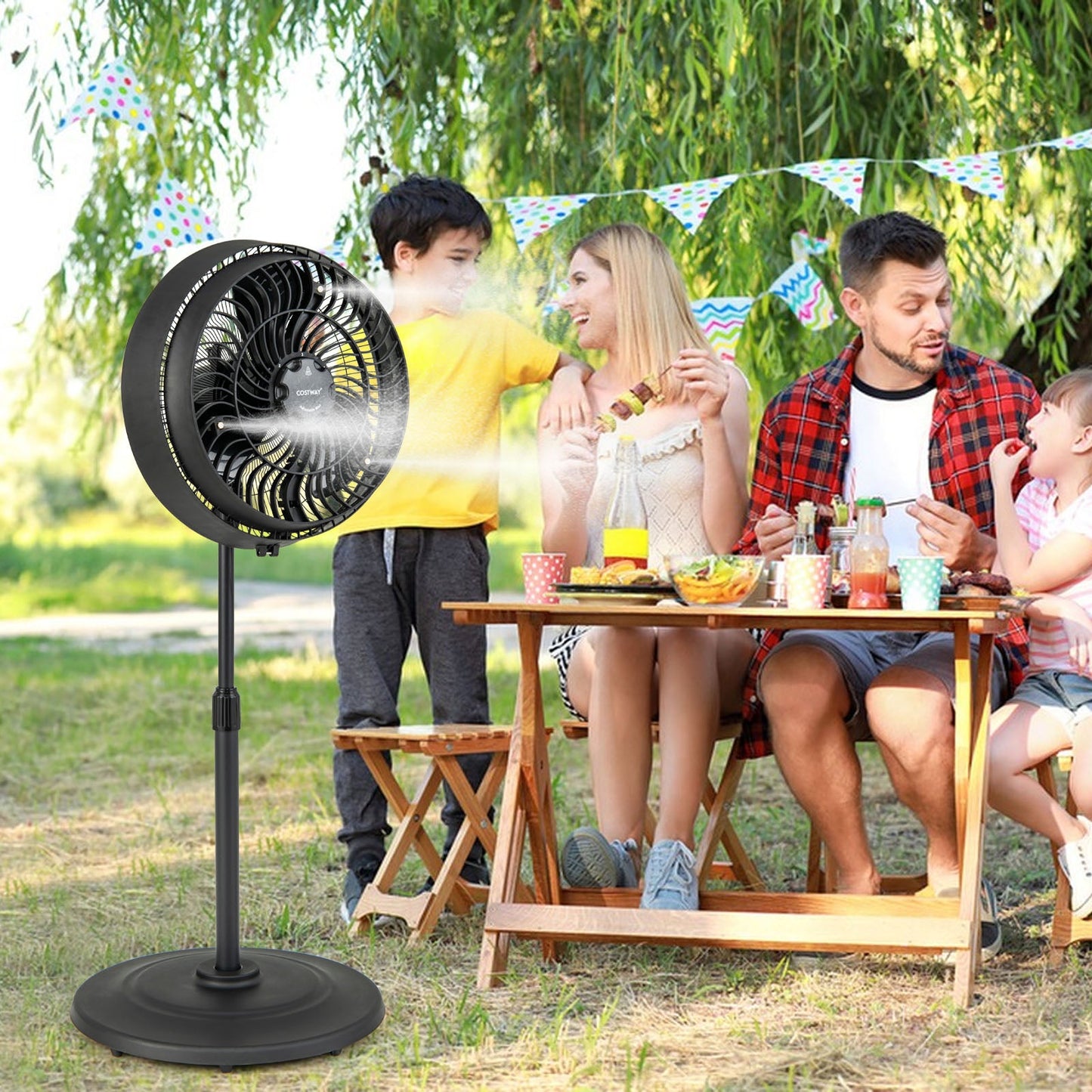 Ventilador de pie oscilante de 16 pulgadas para exteriores con nebulizador y 3 niveles de niebla - Negro