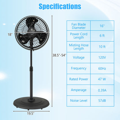 Ventilador de pie oscilante de 16 pulgadas para exteriores con nebulizador y 3 niveles de niebla - Negro