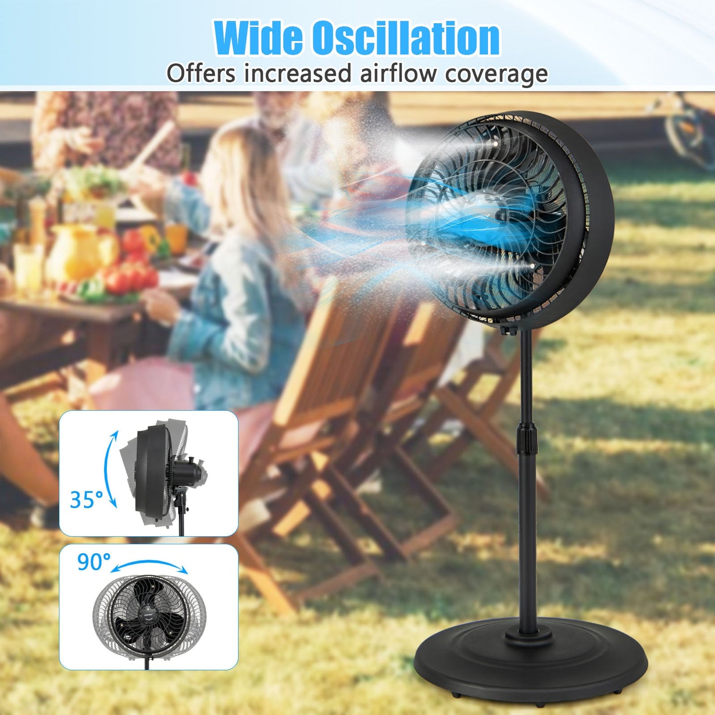 Ventilador de pie oscilante de 16 pulgadas para exteriores con nebulizador y 3 niveles de niebla - Negro