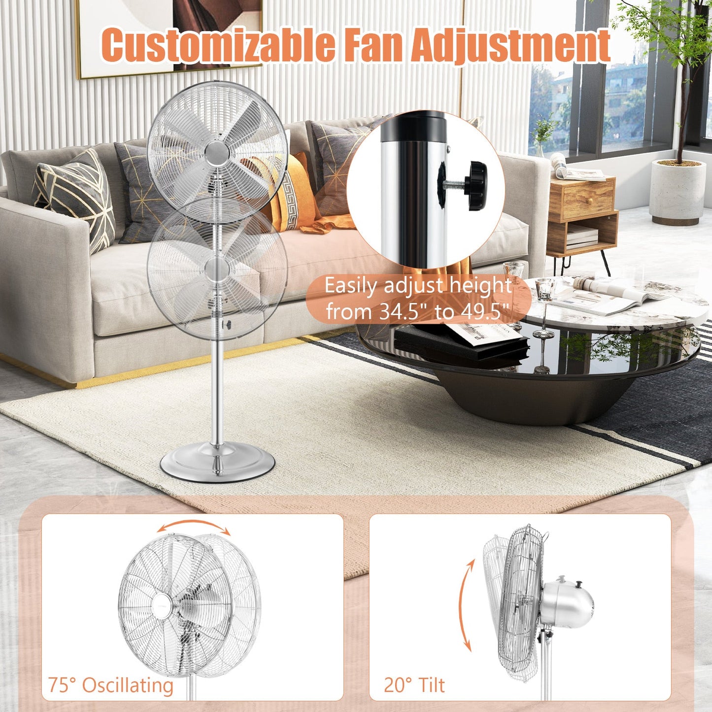 Ventilador de Pedestal Oscilante de 16 Pulgadas con 3 Velocidades y Altura Ajustable - Plateado