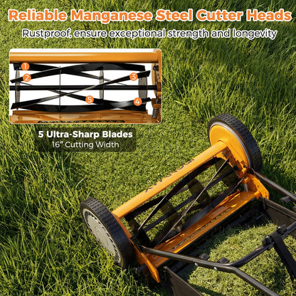 16 Inch Push Lawn Mower with 5 Steel Blades and Grass Catcher Bag
