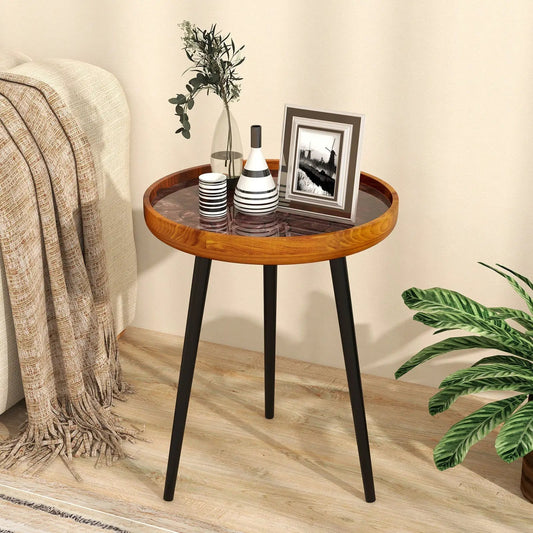 Round Sea Shell End Table with Epoxy Resin Finish; wood top on black legs with vase and photo on Tampa Home & Garden Store