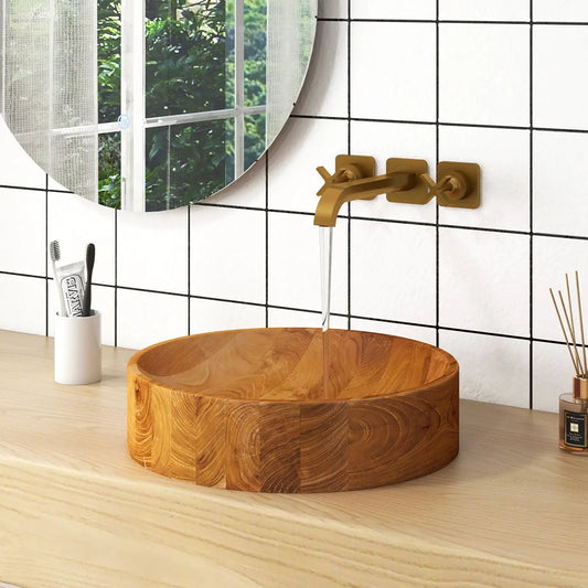 16 inch teak wood vessel sink with rounded corners and gold wall-mount faucet white tile bathroom on Tampa Home & Garden Store
