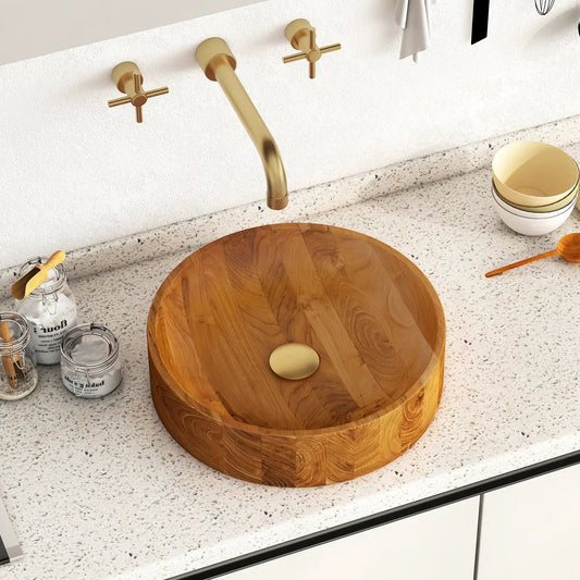 16 Inch Teak Wood Vessel Sink with rounded corners on terrazzo counter, gold wall faucet on Tampa Home & Garden Store