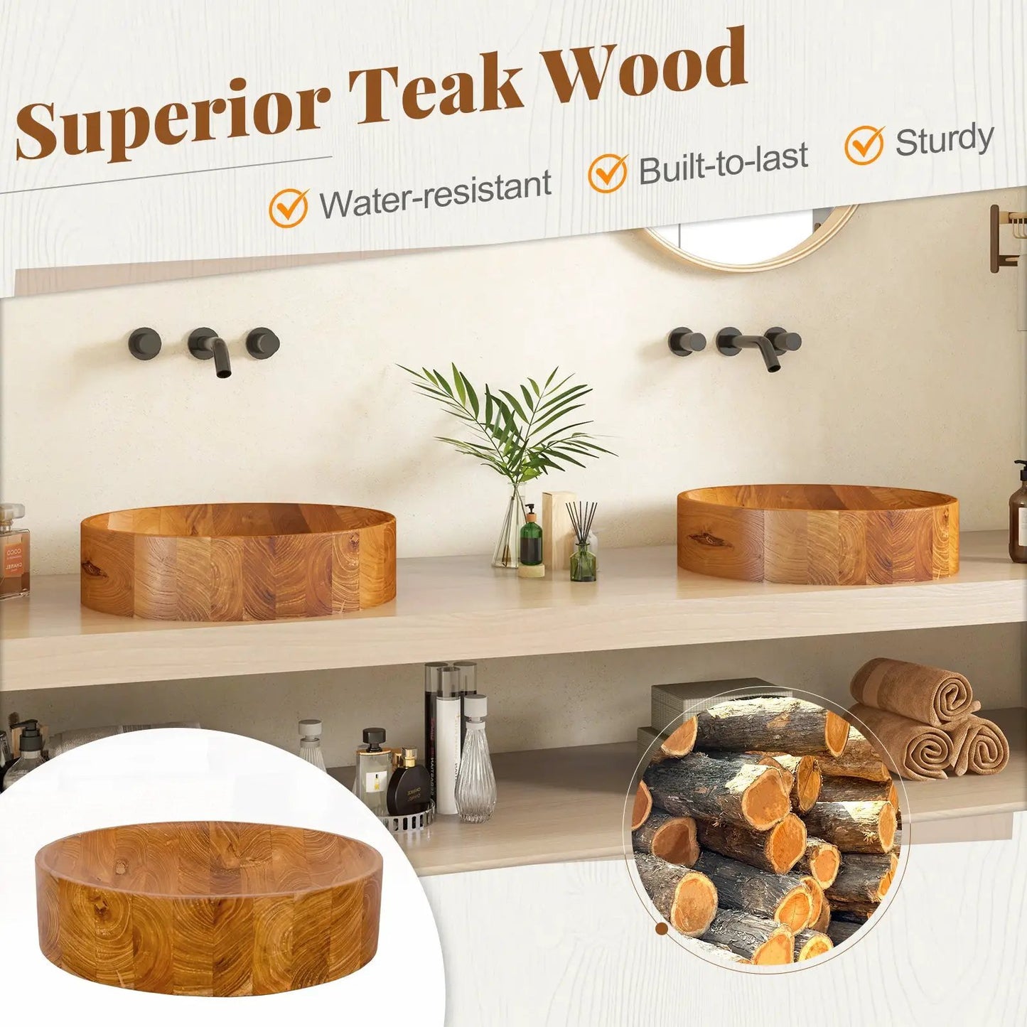 Teak Vessel Sink with 16 Inch Rounded Corners