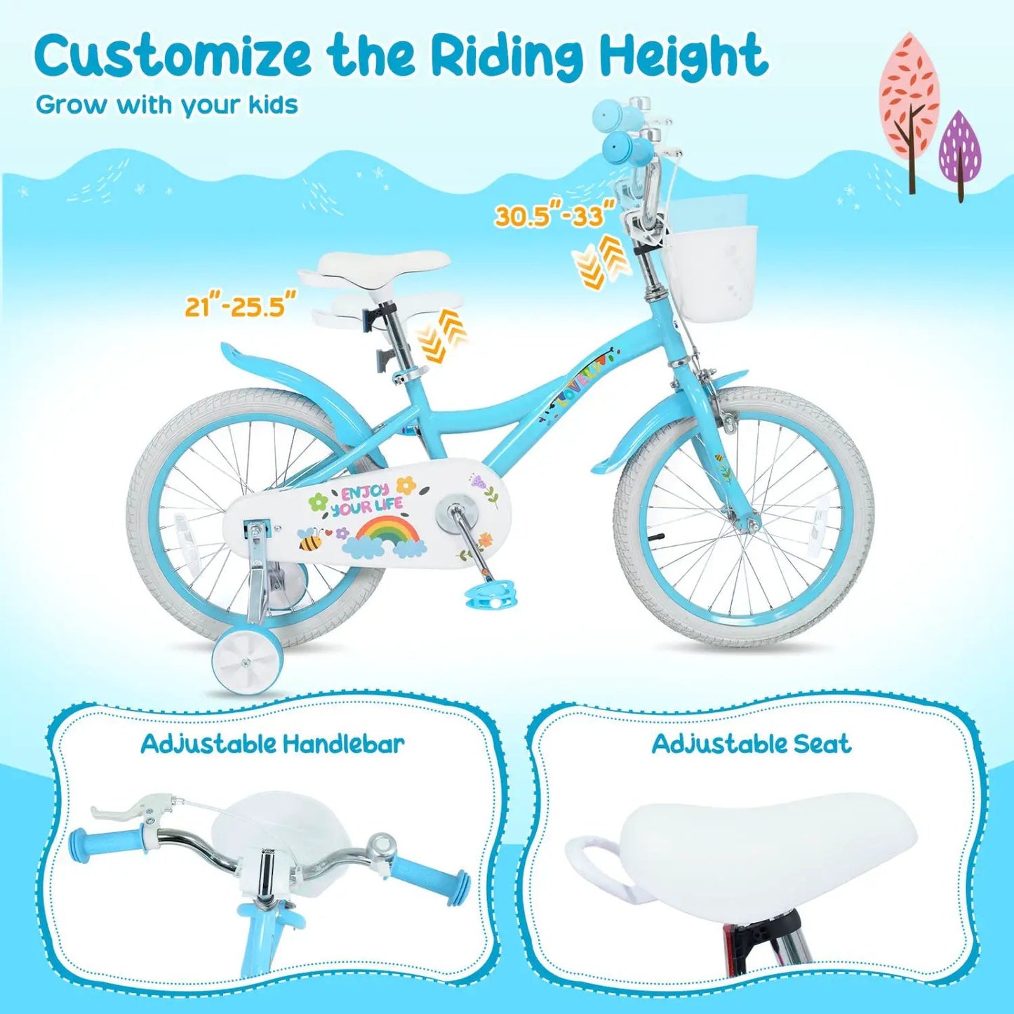 Girls Bike 12-18 Inches Training Wheels Basket