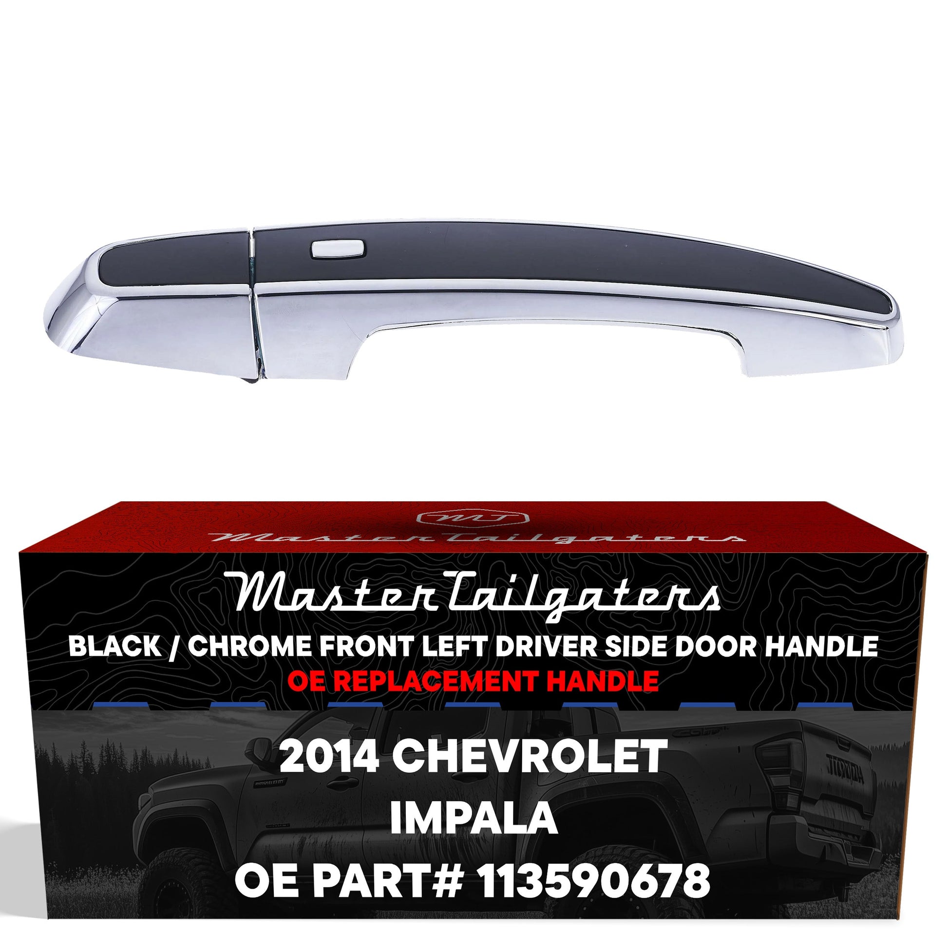 Door handle by Master Tailgaters, black/chrome, front left for 2014 Chevrolet Impala on Tampa Home & Garden Store
