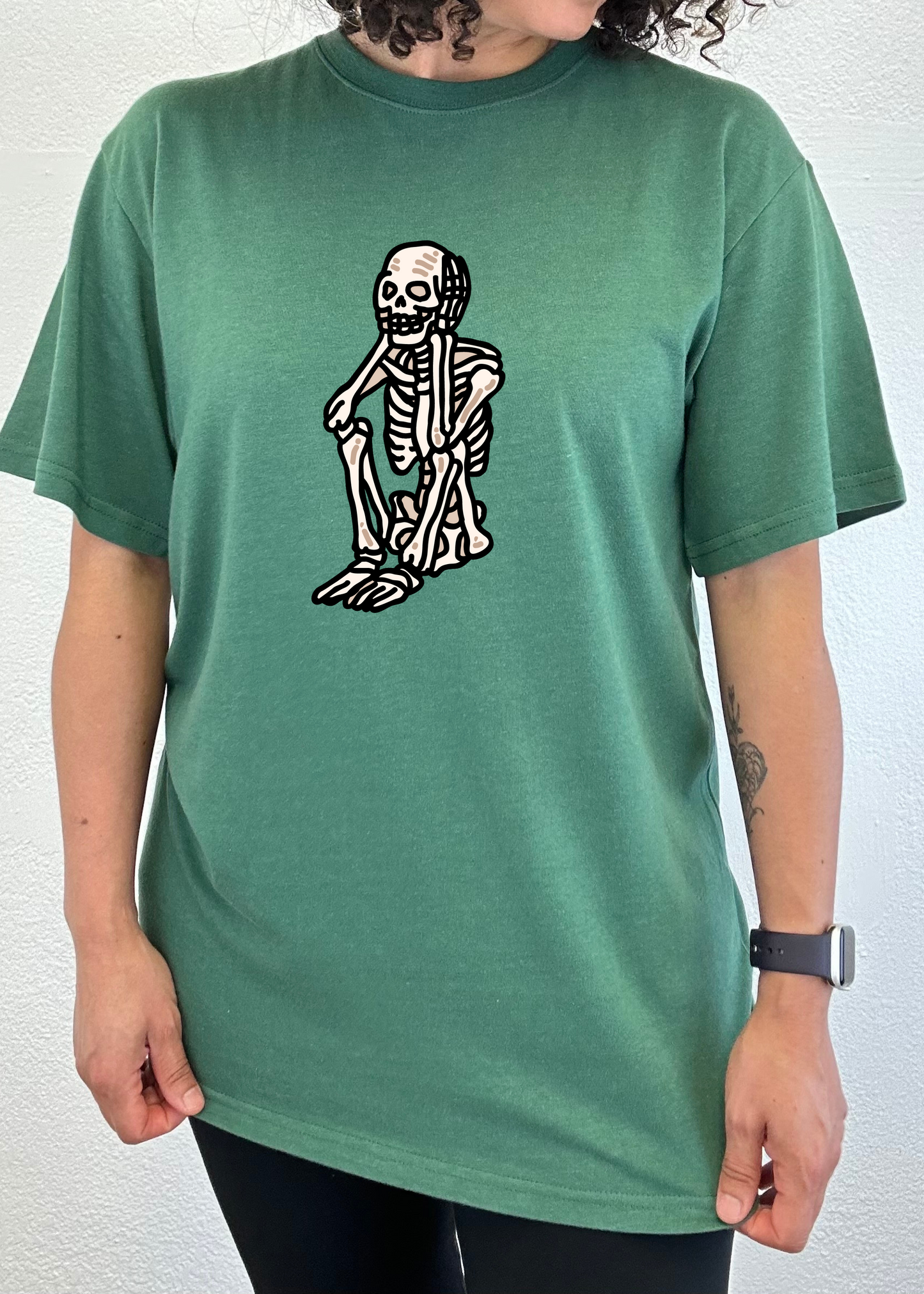Sad Skeleton graphic tee in green bamboo viscose/organic cotton, unisex, Spun Bamboo on Tampa Home & Garden Store