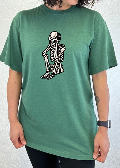 Sad Skeleton graphic tee in green bamboo viscose/organic cotton, unisex, Spun Bamboo on Tampa Home & Garden Store