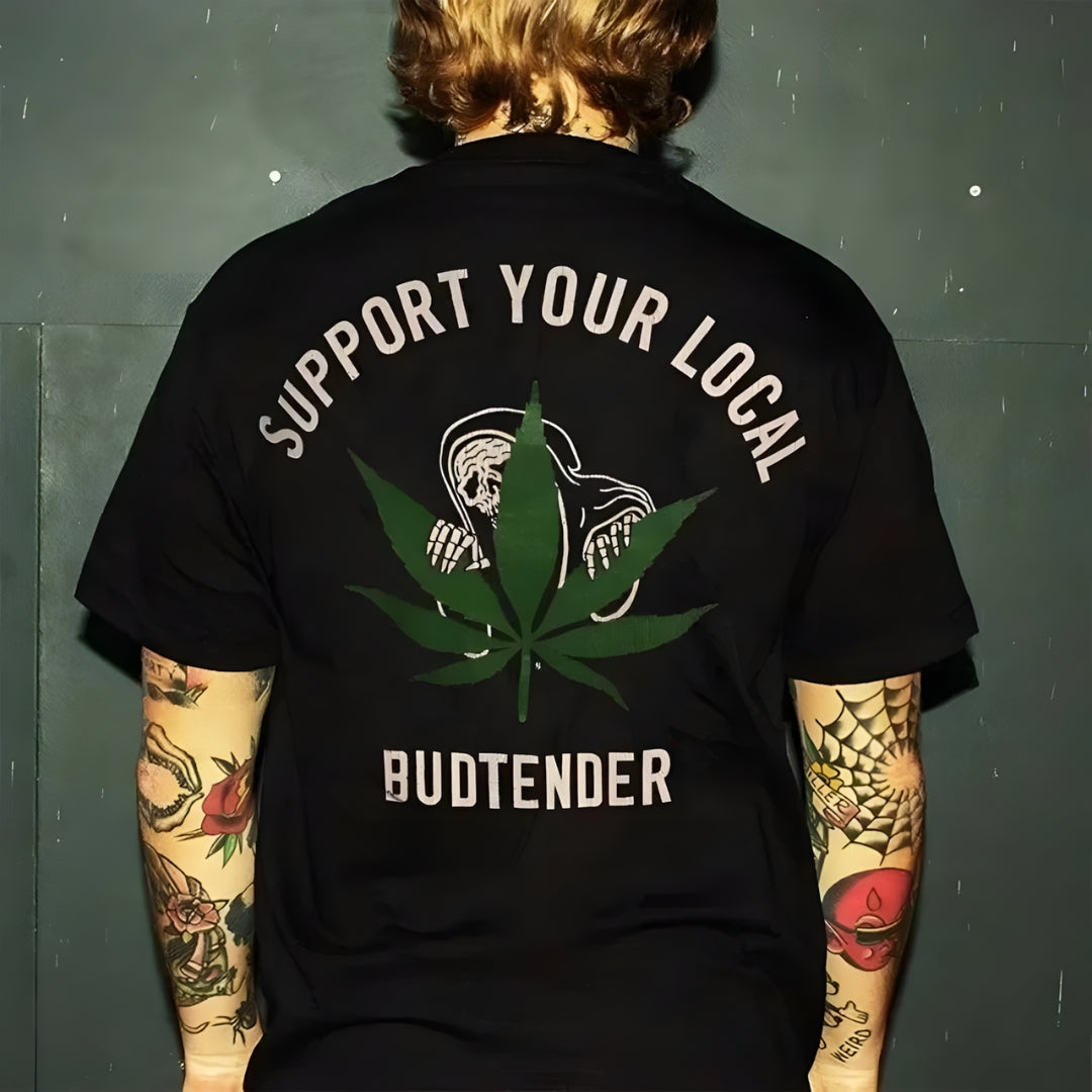 Black cotton T-shirt with biker graphic and green cannabis leaf, Budtender text, back view on Tampa Home & Garden Store