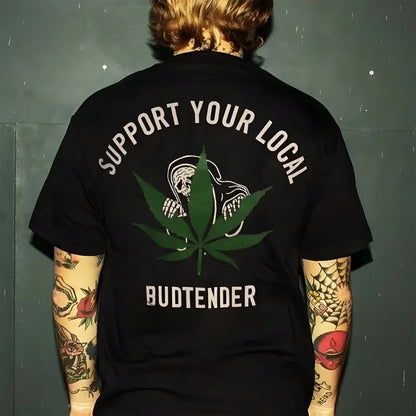 Black cotton T-shirt with biker graphic and green cannabis leaf, Budtender text, back view on Tampa Home & Garden Store