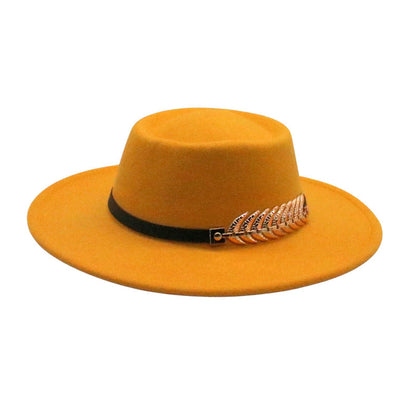 Fedora hat mustard yellow foldable short brim with black band and gold leaf detail on Tampa Home & Garden Store