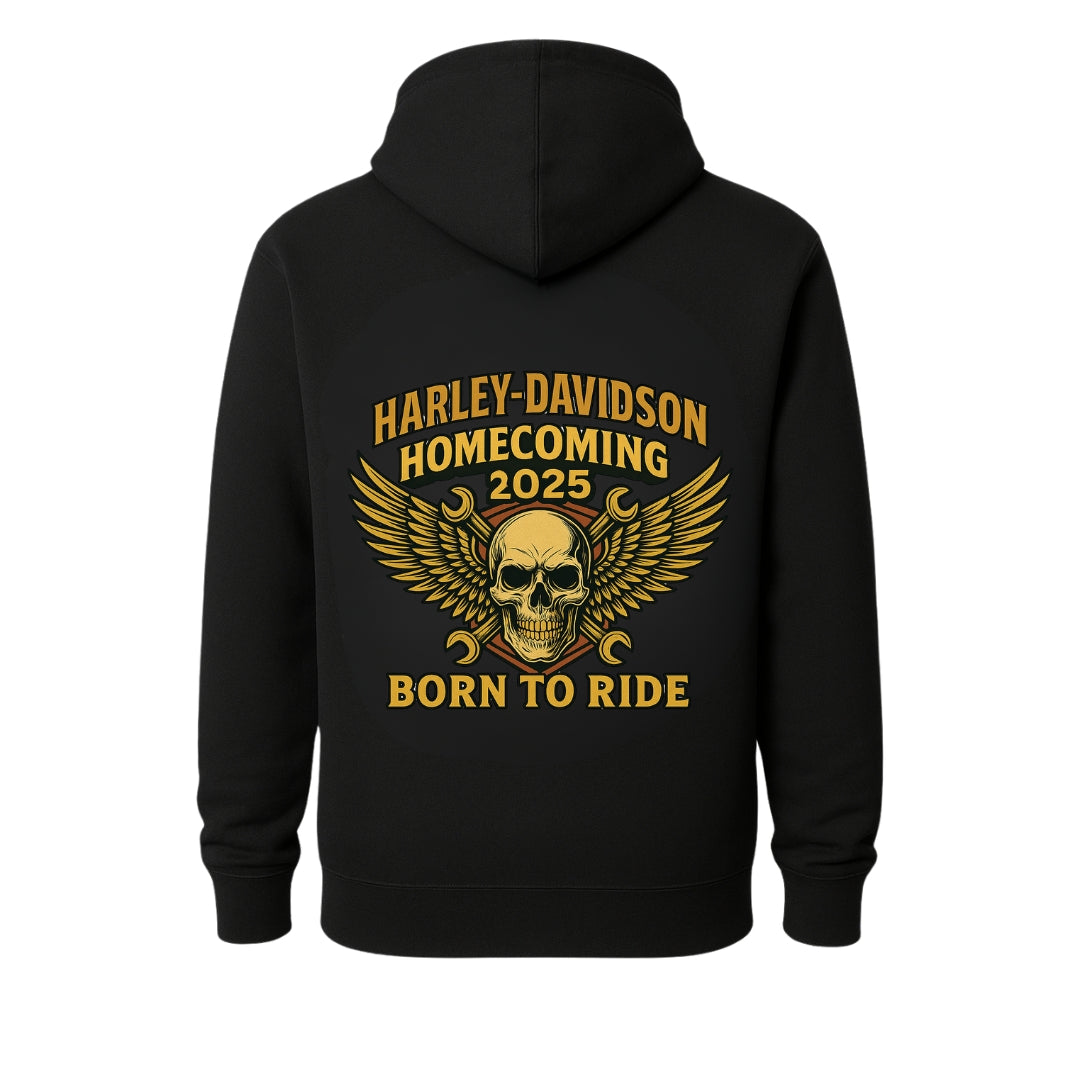 Black hoodie with Harley-Davidson Homecoming 2025 Born to Ride skull-wings graphic by BikerZoneZ on Tampa Home & Garden Store