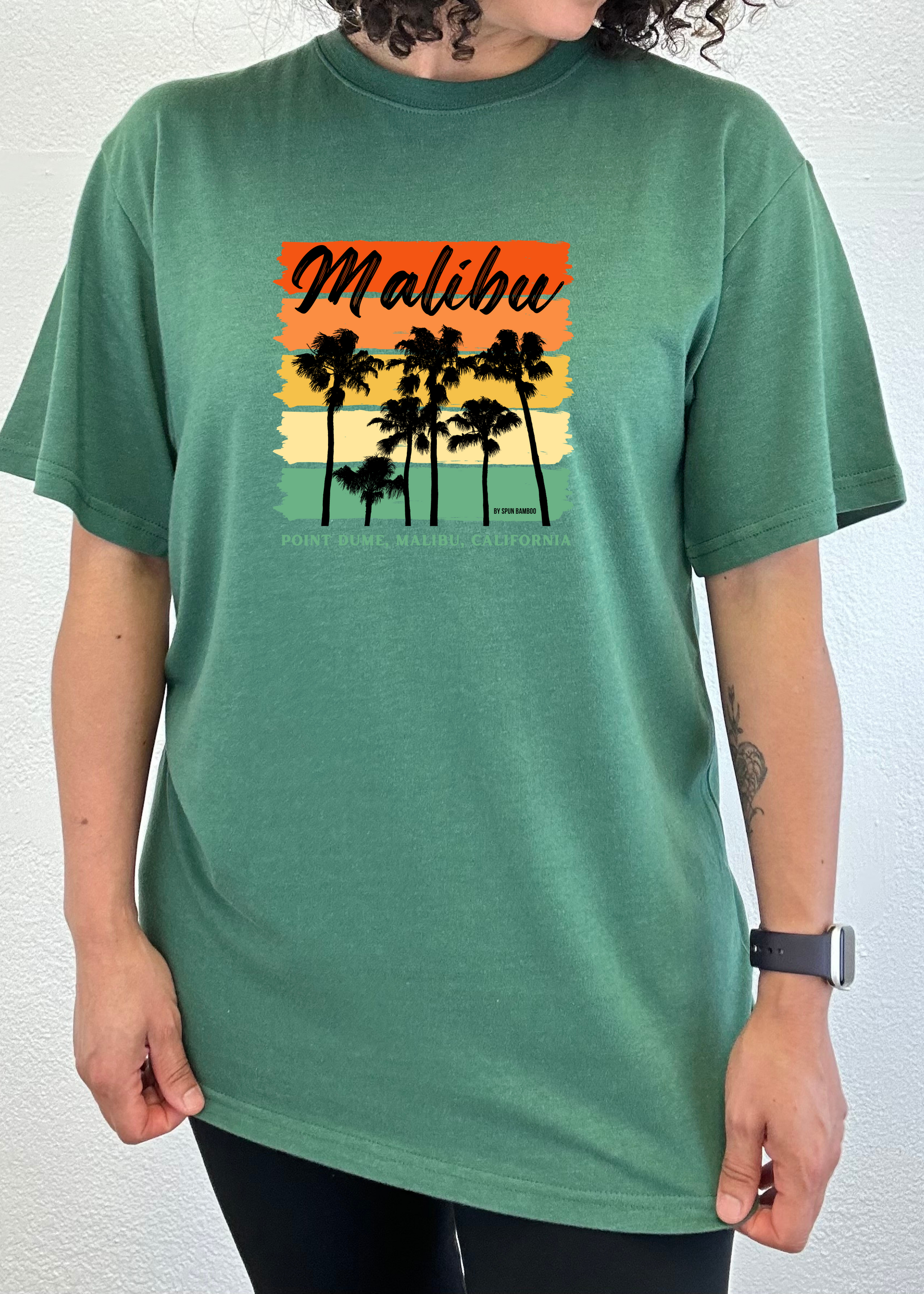 Malibu unisex graphic tee green with sunset palm design by Spun Bamboo on Tampa Home & Garden Store
