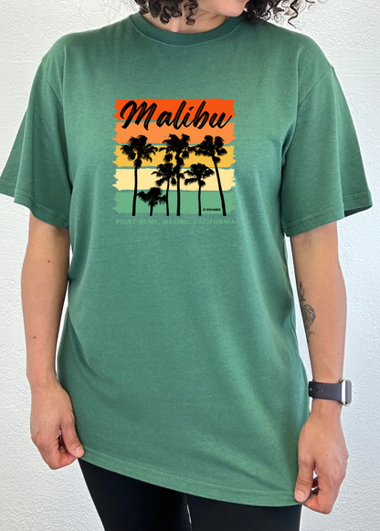 Malibu unisex graphic tee green with sunset palm design by Spun Bamboo on Tampa Home & Garden Store