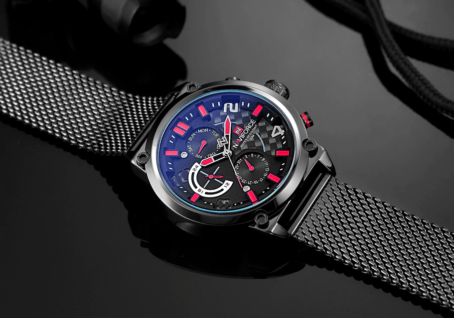 Men's multifunction analog quartz watch with stainless steel mesh band blue dial Naviforce on Tampa Home & Garden Store