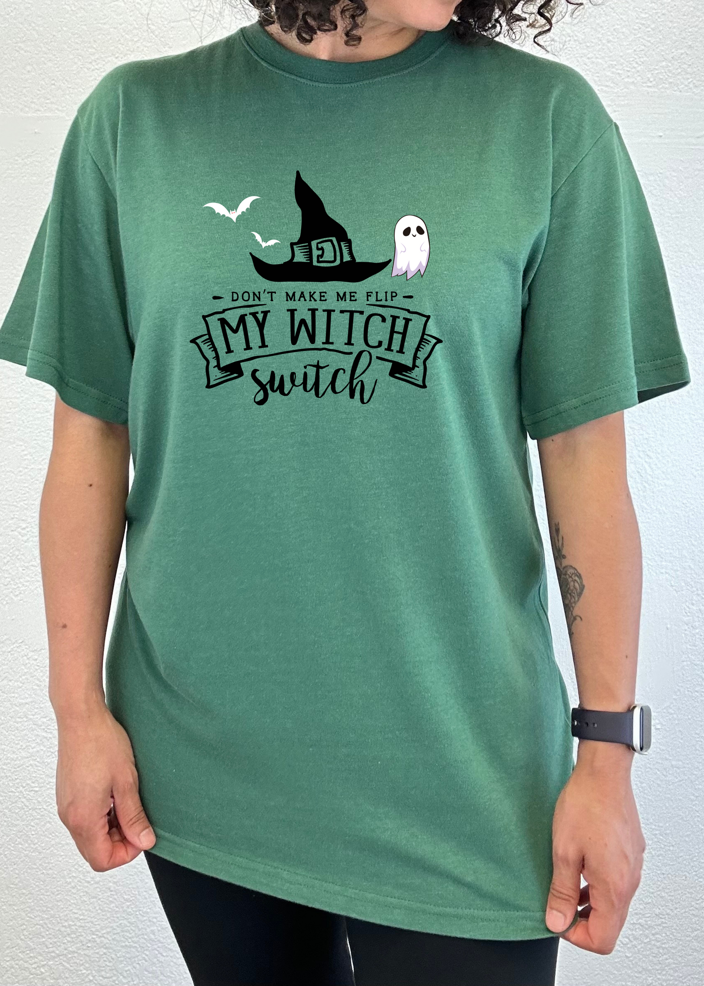 Unisex bamboo My Witch graphic tee in green with witch hat ghost by Spun Bamboo on Tampa Home & Garden Store