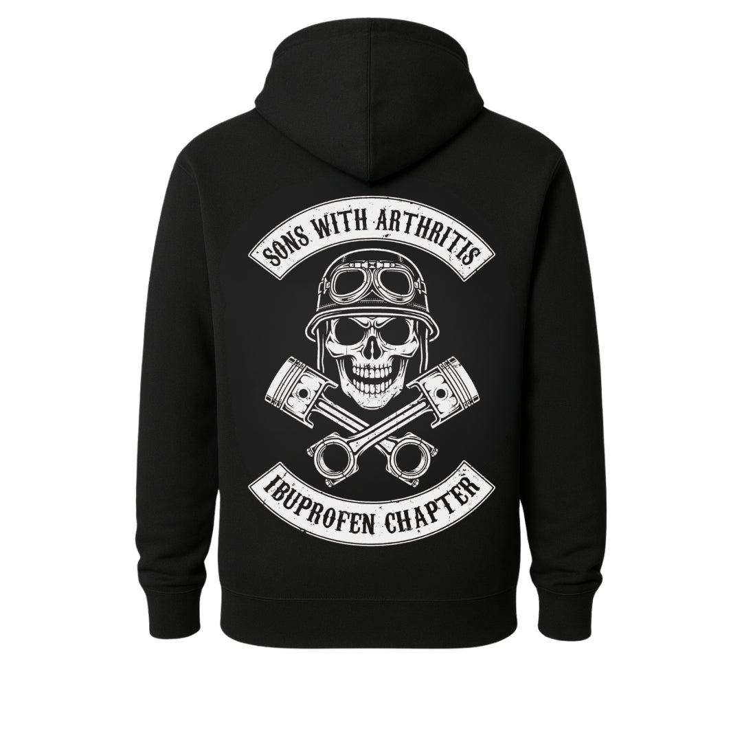 Motorcycle rider hoodie black with white skull helmet graphic and pistons across back on Tampa Home & Garden Store