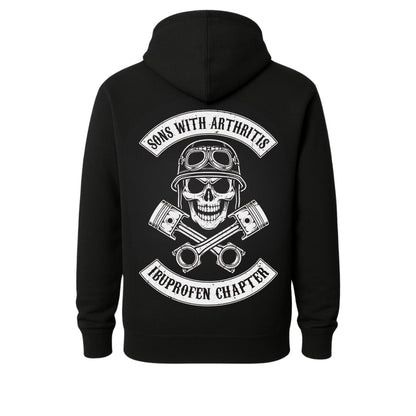 Motorcycle rider hoodie black with white skull helmet graphic and pistons across back on Tampa Home & Garden Store