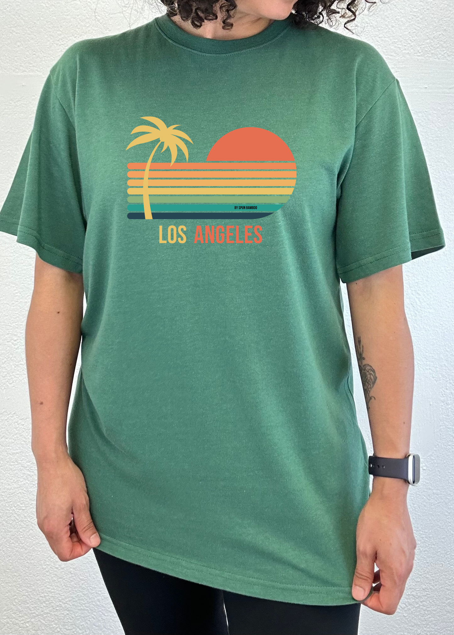Los Angeles unisex bamboo viscose cotton tee in green with palm sunset print by Spun Bamboo on Tampa Home & Garden Store