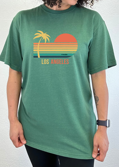 Los Angeles unisex bamboo viscose cotton tee in green with palm sunset print by Spun Bamboo on Tampa Home & Garden Store