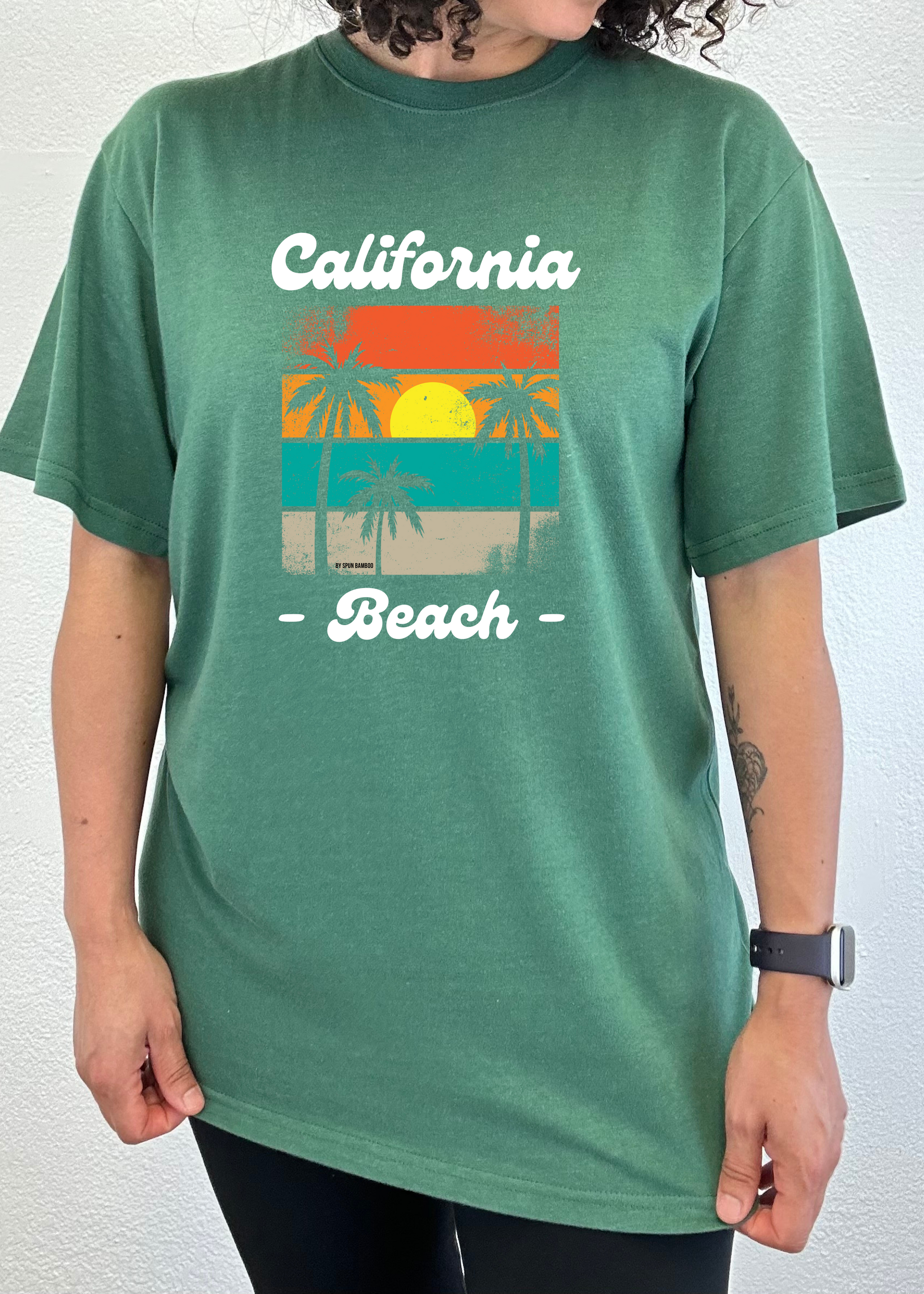 California Beach graphic tee green bamboo viscose/organic cotton palm sunset by Spun Bamboo on Tampa Home & Garden Store