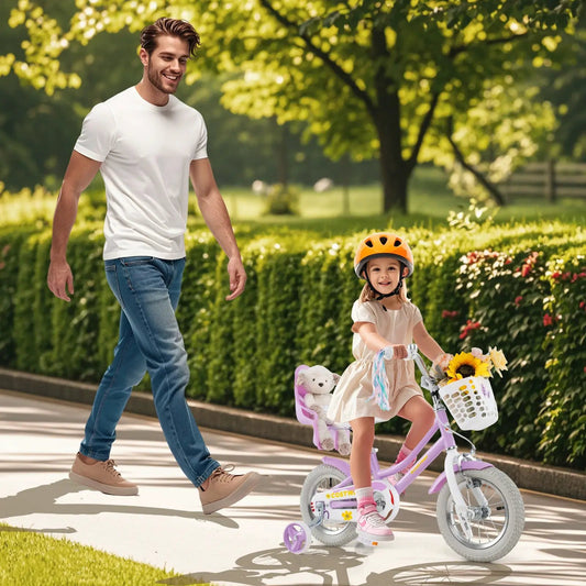 12 Inch Girls Bike with Doll Seat and Streamers, lilac frame front basket and orange helmet on Tampa Home & Garden Store