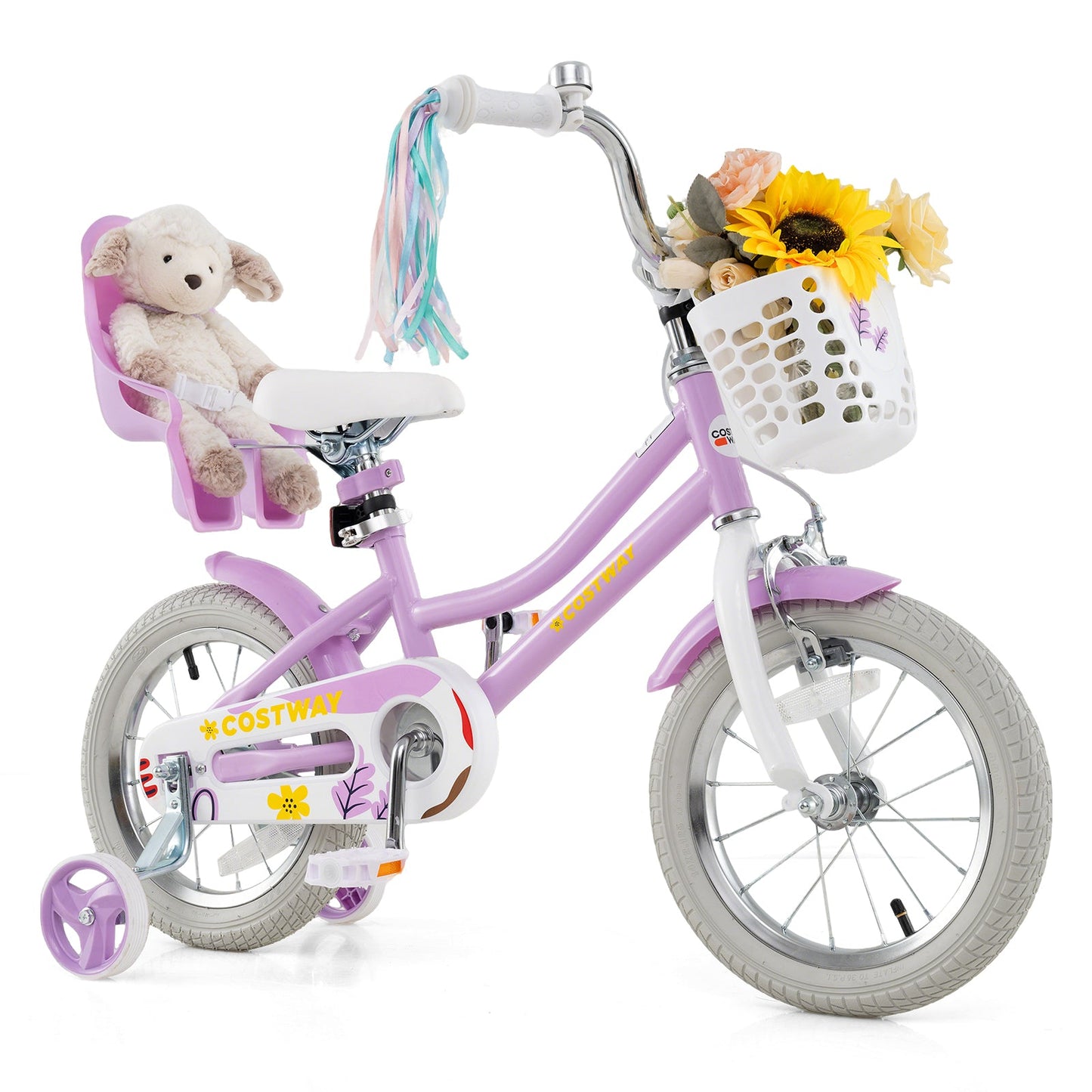 12 Inch Girls Bike Kids Bicycle with Doll Seat and Streamers for Children 3-4 Years Old