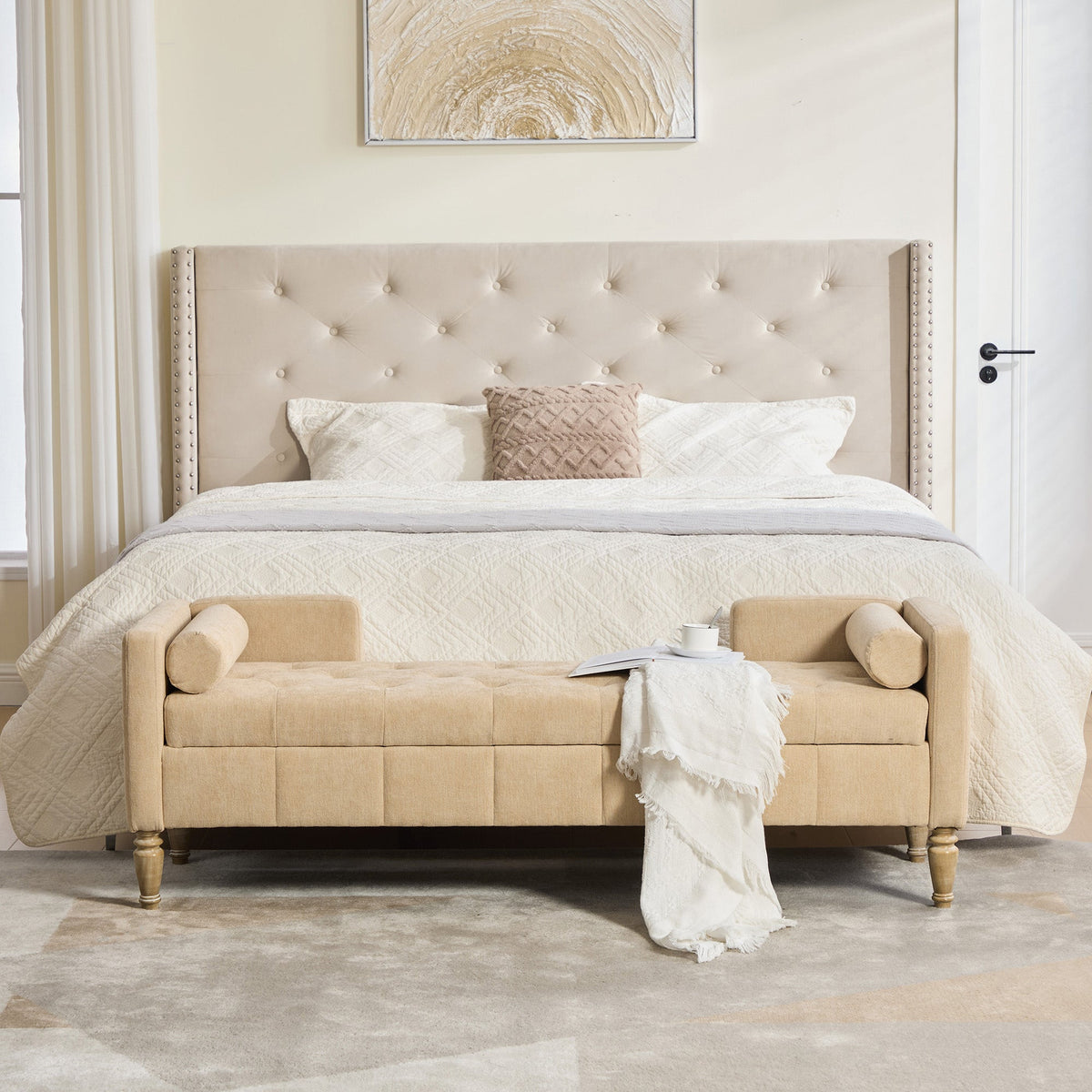 64.6W Upholstered chenille flip-top storage end-of-bed bench in beige with tufted seat on Tampa Home & Garden Store