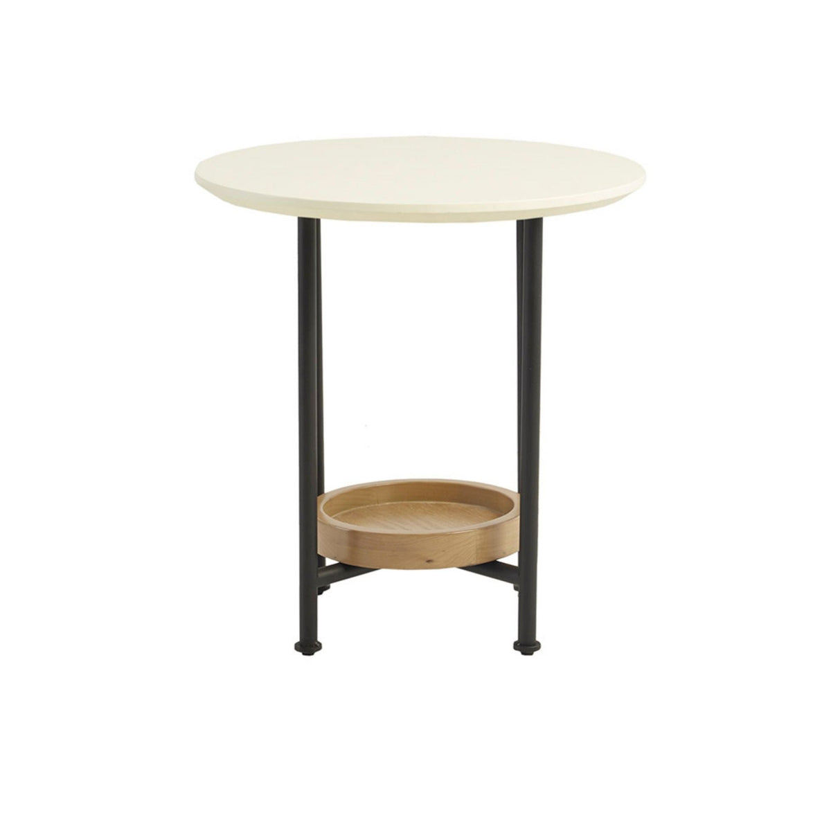 Oval End Table with Lower Shelf, white tabletop and natural wood shelf, black metal legs on Tampa Home & Garden Store