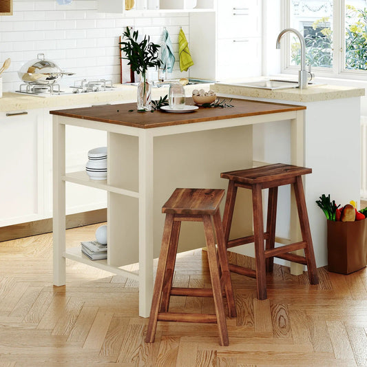 Rustic white kitchen island set with natural wood top, two stools, and open shelving on Tampa Home & Garden Store