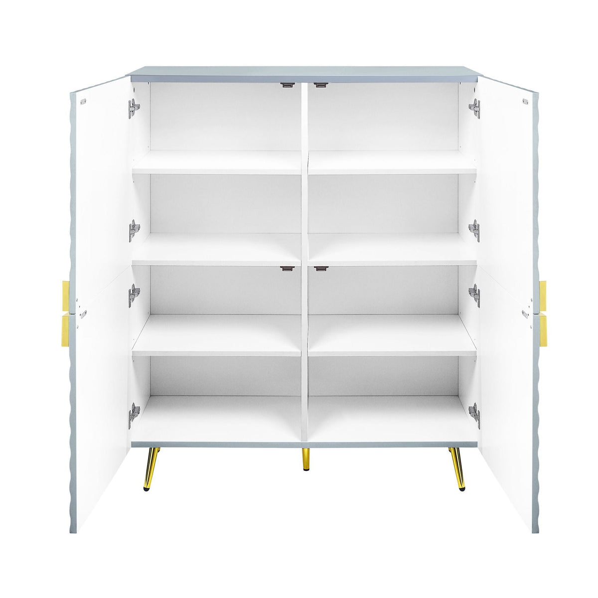 Accent cabinet high gloss white with gray top, modern design, open cubby storage, gold legs on Tampa Home & Garden Store