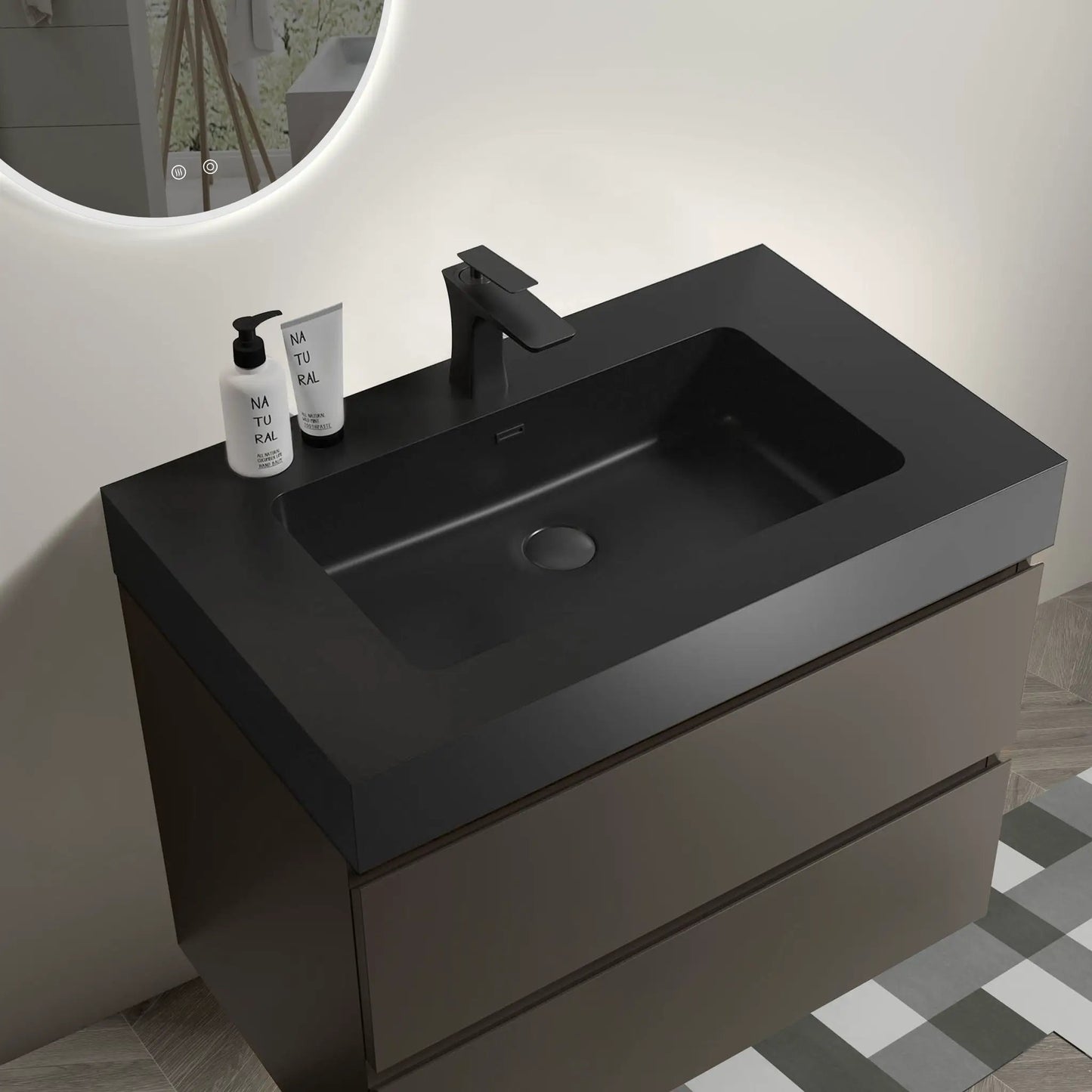 Alice wall-mounted vanity with black matte finish integrated sink, modern faucet, 2 bottles on Tampa Home & Garden Store