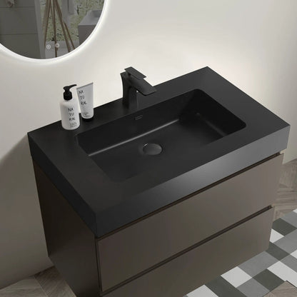 Alice wall-mounted vanity with black matte finish integrated sink, modern faucet, 2 bottles on Tampa Home & Garden Store