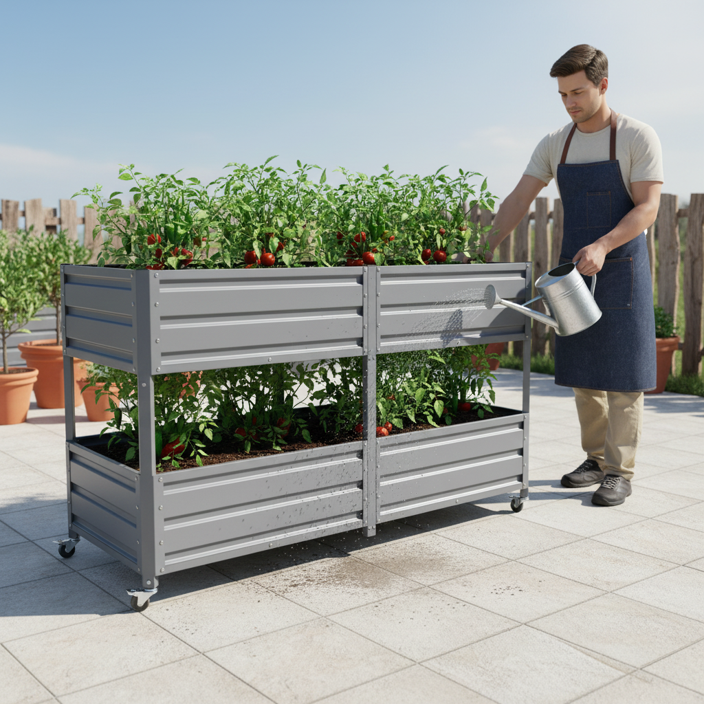 Dual Tier Metal Raised Garden Bed with Lockable Wheels, grey finish, tomato plants on Tampa Home & Garden Store