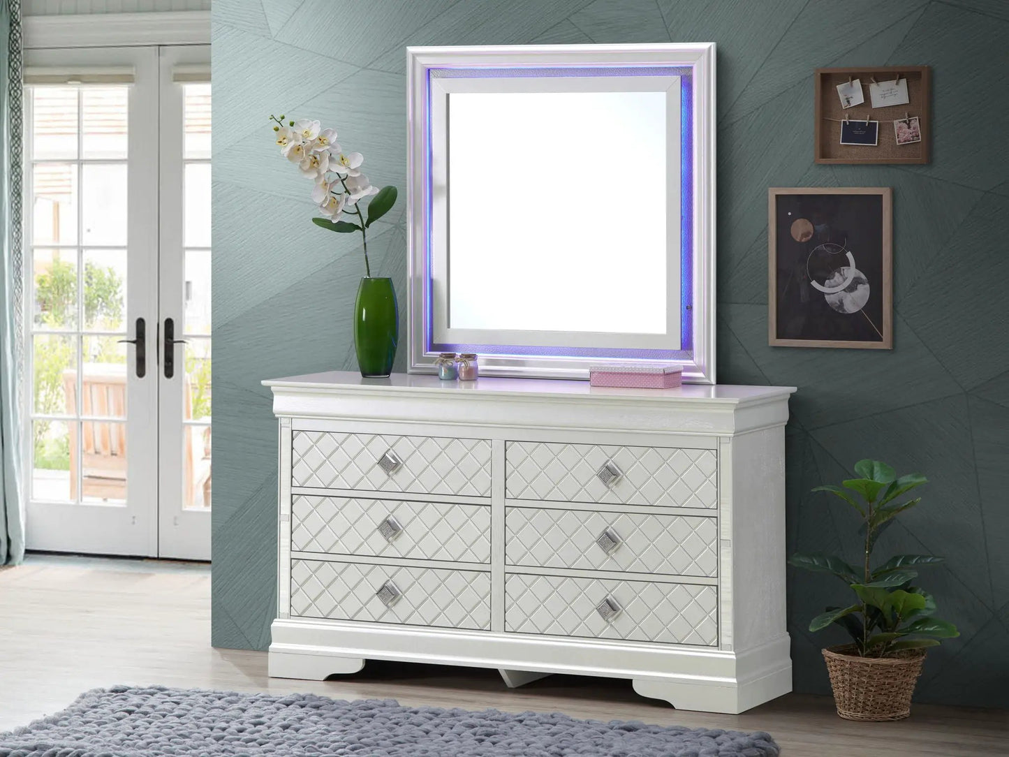 Verona dresser; silver mirrored finish with diamond-front drawers by Unique Piece Furniture on Tampa Home & Garden Store