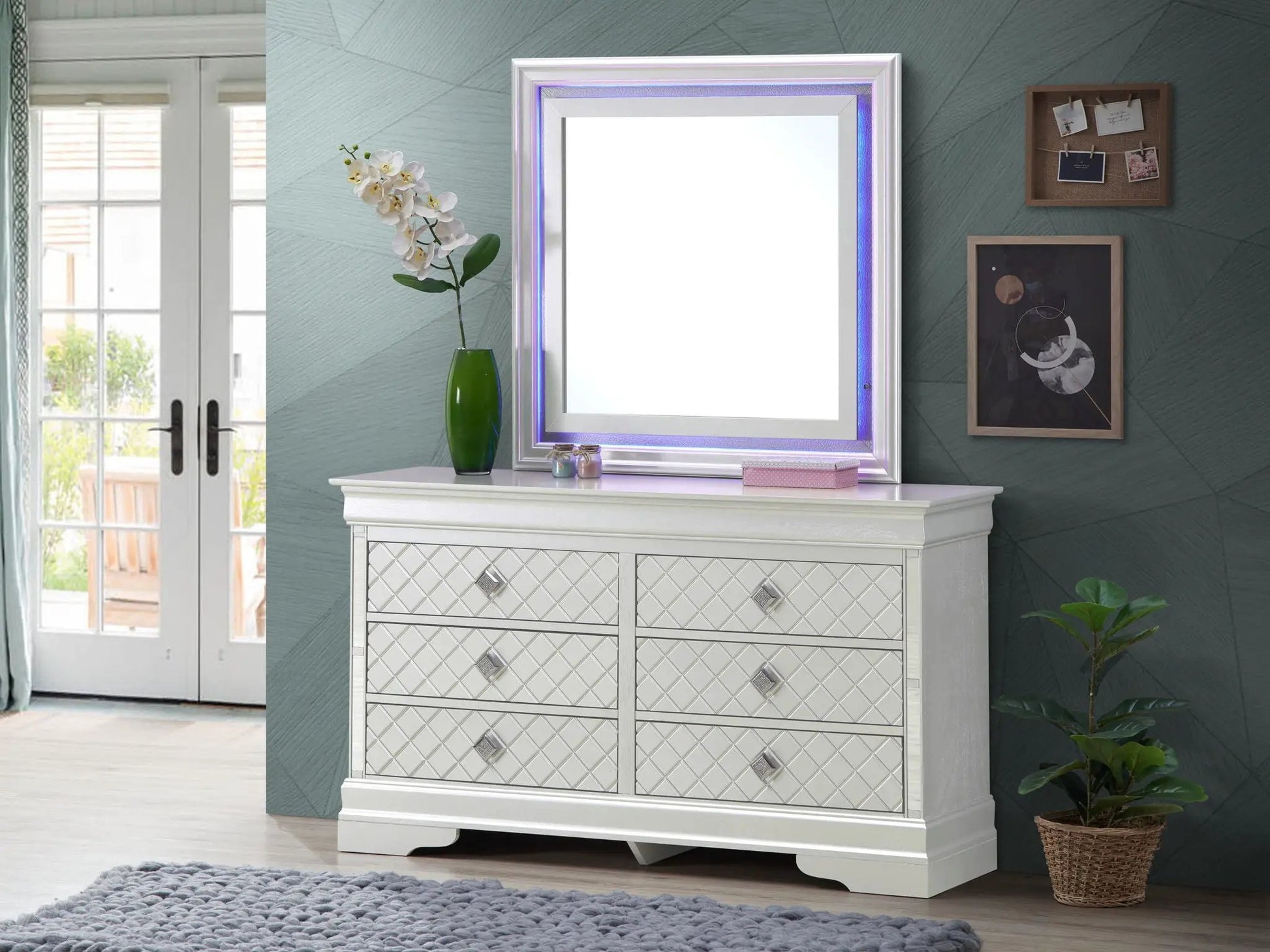 Verona dresser; silver mirrored finish with diamond-front drawers by Unique Piece Furniture on Tampa Home & Garden Store