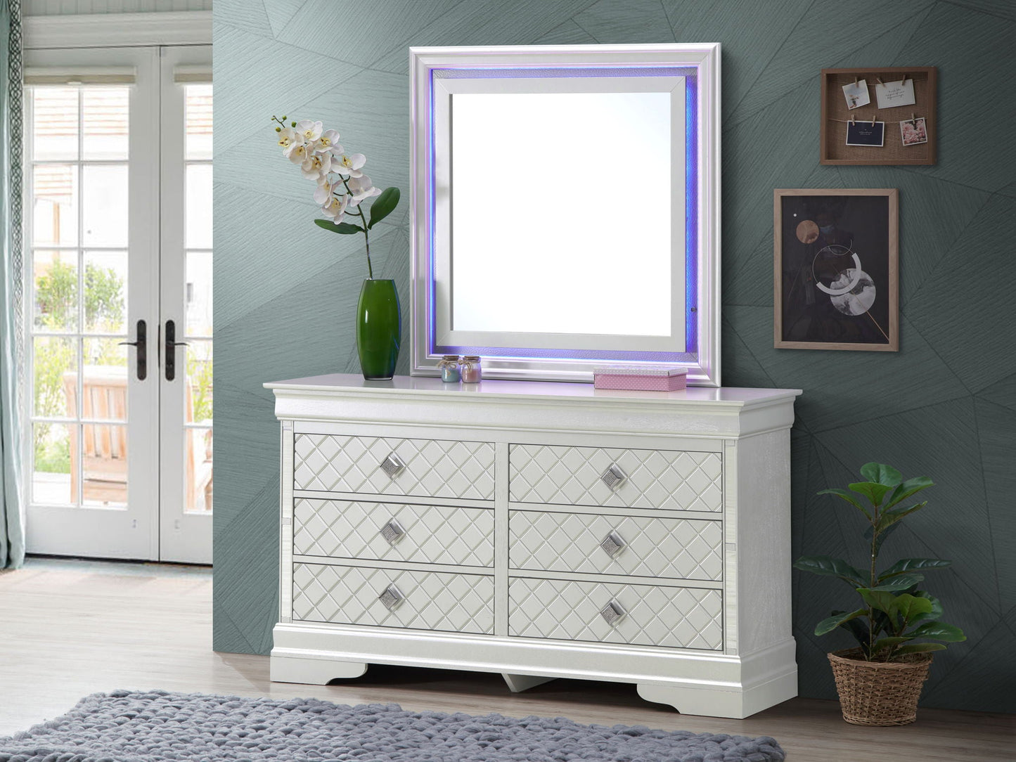 Verona Dresser with embossed X crystals; silver mirrored finish by Unique Piece Furniture on Tampa Home & Garden Store