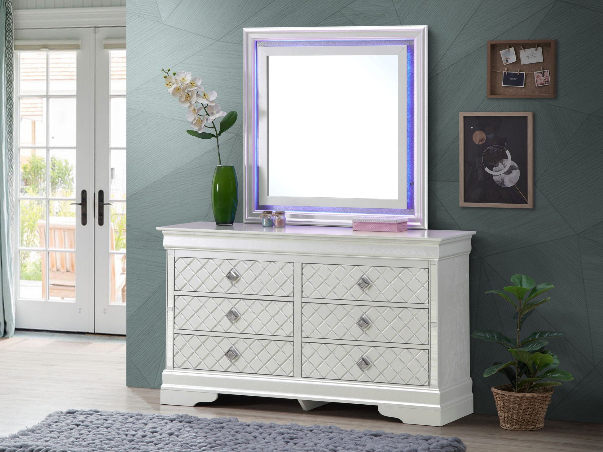 Verona Dresser with embossed X crystals; silver mirrored finish by Unique Piece Furniture on Tampa Home & Garden Store