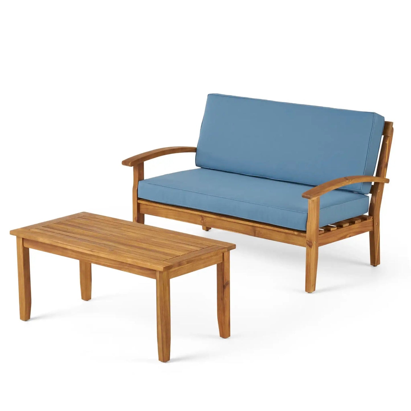 Outdoor chat set 2-piece loveseat and coffee table with blue cushions and wood frame on Tampa Home & Garden Store