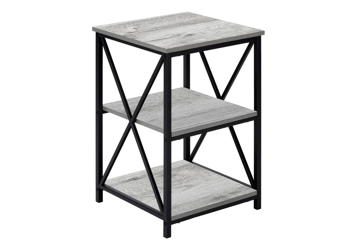 3 Tier Accent Table with marble-look gray shelves and a black metal frame with X-brace on Tampa Home & Garden Store