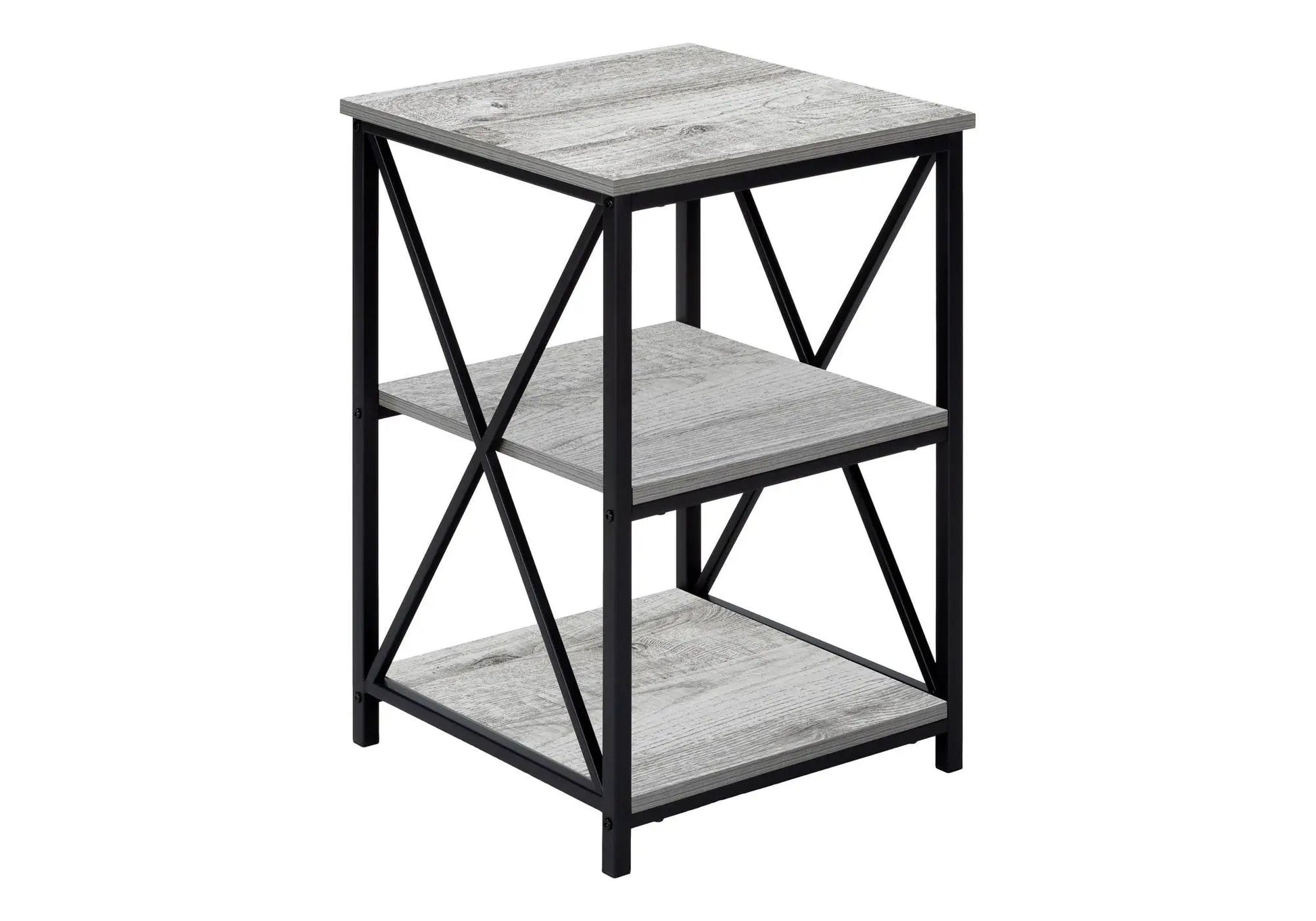 3 Tier Accent Table with marble-look gray shelves and a black metal frame with X-brace on Tampa Home & Garden Store