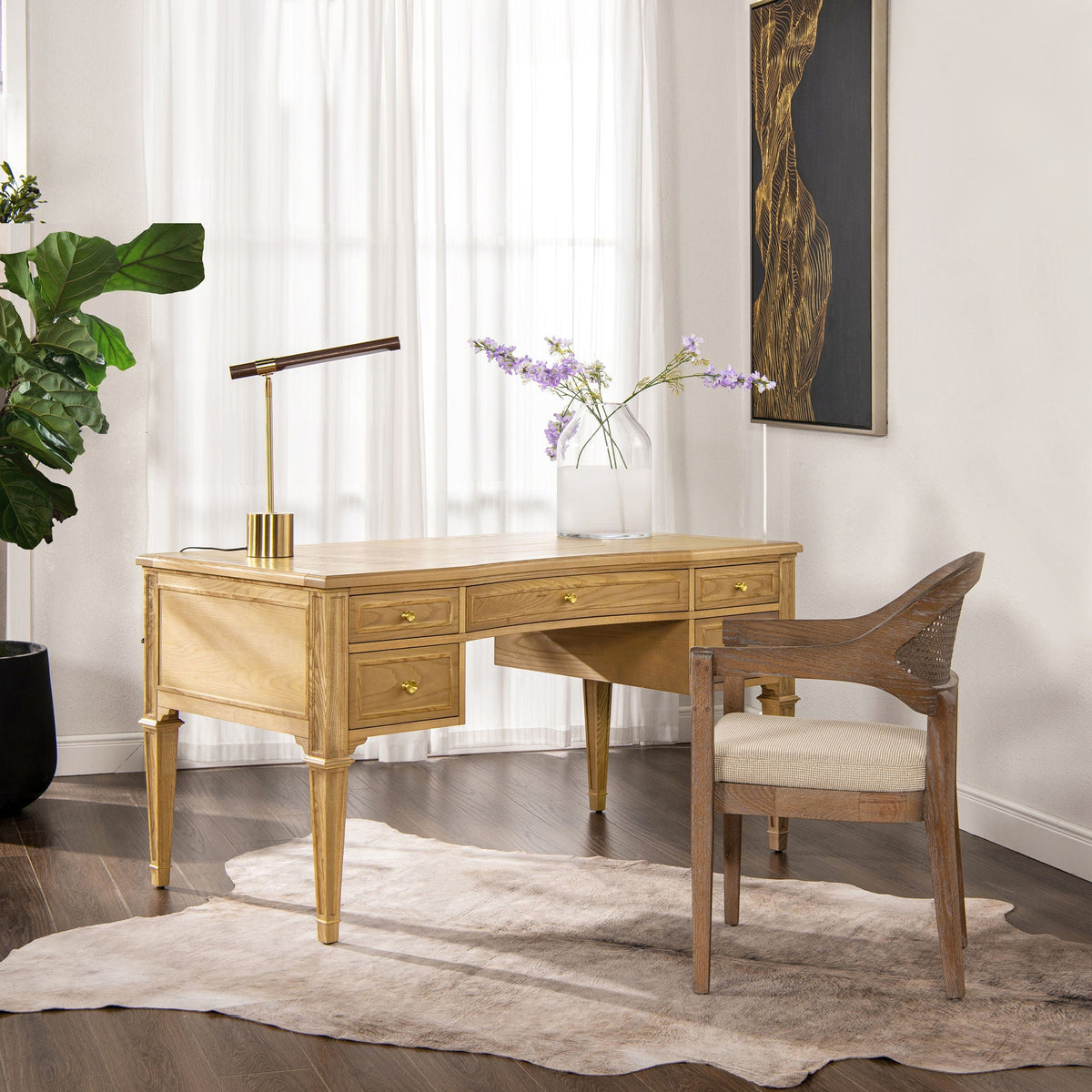 HouseOfZazla Dauphin 5-Drawer Executive Desk in light brown solid rubber hardwood on Tampa Home & Garden Store