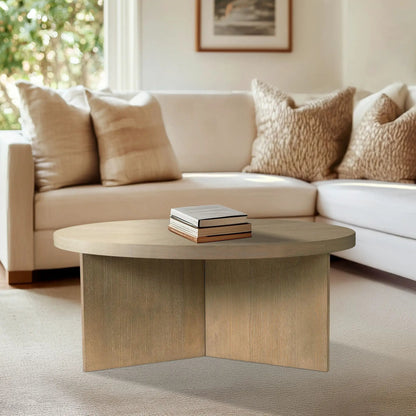 Round coffee table with solid veneer top in warm wood tone, Unique Piece Furniture on Tampa Home & Garden Store
